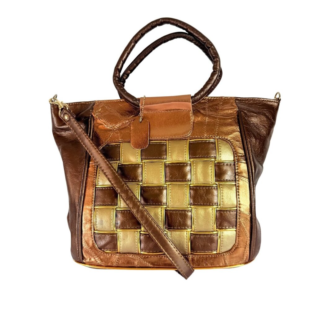 Retro 80s Metallic Handbag Basketweave Brown Gold Crossbody Dual Handles